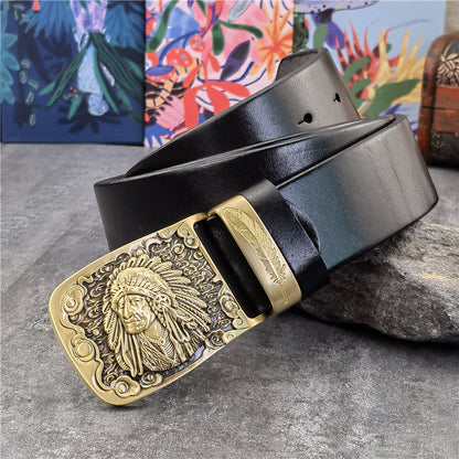 Yellow Brown / 95 cm Men's Cowboy Leather Belt with Brass Chief Buckle - skyjackerz