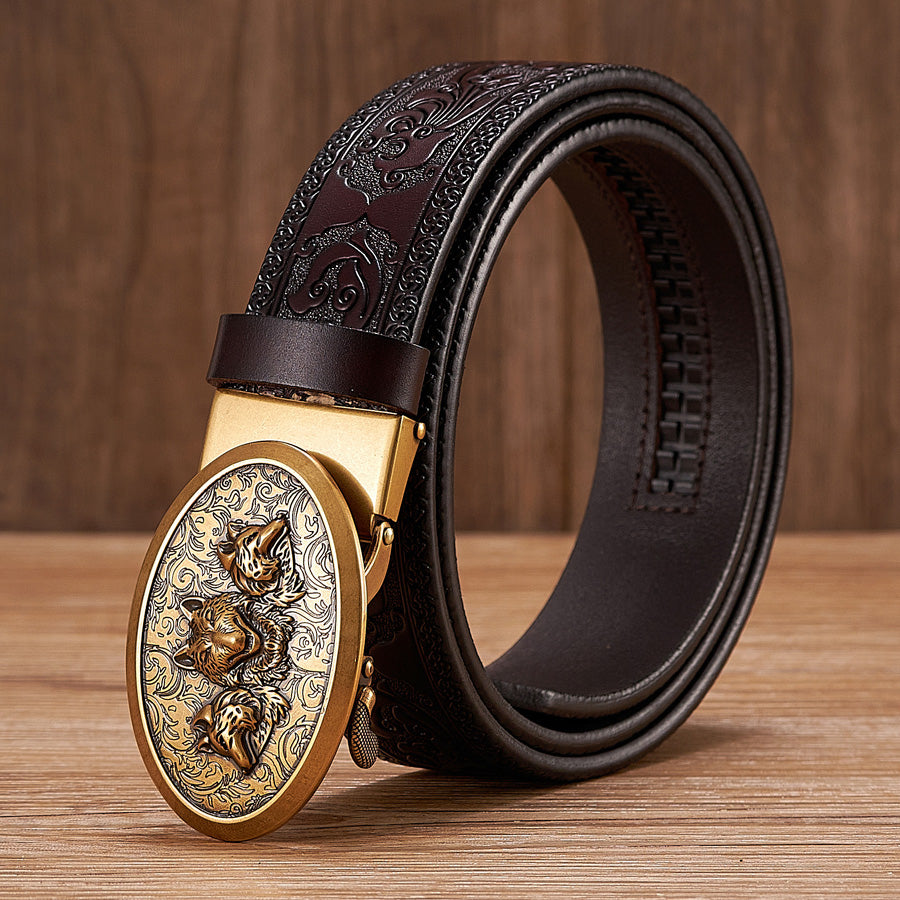 Gold - Black / 100 cm Automatic Embossed Leather Belt for Men - Wolf Design - skyjackerz