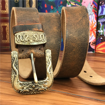 Yellow Brown / 95 cm Men's Brass Buckle Leather Belt - Chinese Dragon Design - skyjackerz