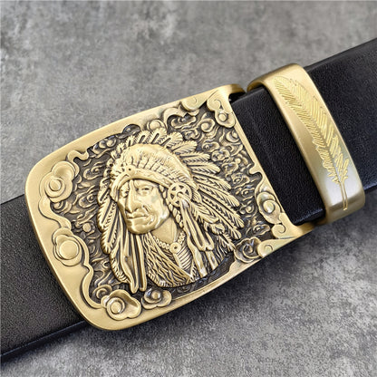 Yellow Brown / 95 cm Men's Cowboy Leather Belt with Brass Chief Buckle - skyjackerz