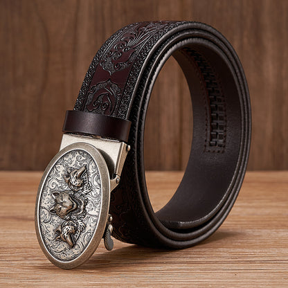 Silver - Black / 100 cm Automatic Embossed Leather Belt for Men - Wolf Design - skyjackerz