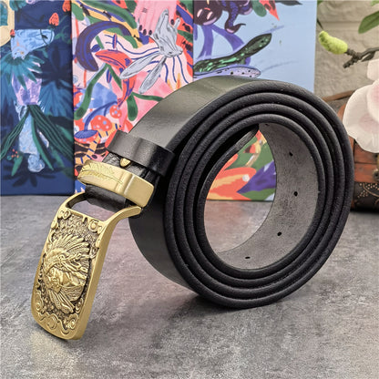 Yellow Brown / 95 cm Men's Cowboy Leather Belt with Brass Chief Buckle - skyjackerz