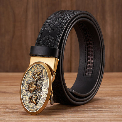 Gold - Coffee / 100 cm Automatic Embossed Leather Belt for Men - Wolf Design - skyjackerz
