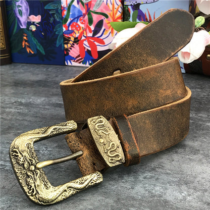 Black / 95 cm Men's Brass Buckle Leather Belt - Chinese Dragon Design - skyjackerz