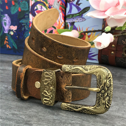 Black / 95 cm Men's Brass Buckle Leather Belt - Chinese Dragon Design - skyjackerz