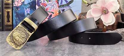 Yellow Brown / 95 cm Men's Cowboy Leather Belt with Brass Chief Buckle - skyjackerz