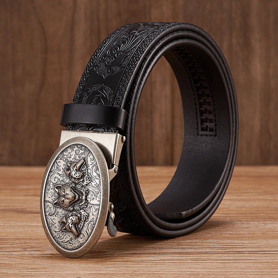 Silver- Coffee / 100 cm Wolf Automatic Embossed Leather Belt For Men - skyjackerz