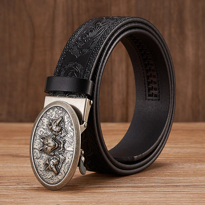 Silver- Coffee / 100 cm Automatic Embossed Leather Belt for Men - Wolf Design - skyjackerz