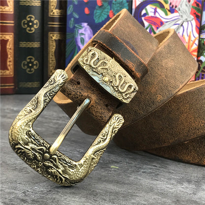 Black / 95 cm Men's Brass Buckle Leather Belt - Chinese Dragon Design - skyjackerz