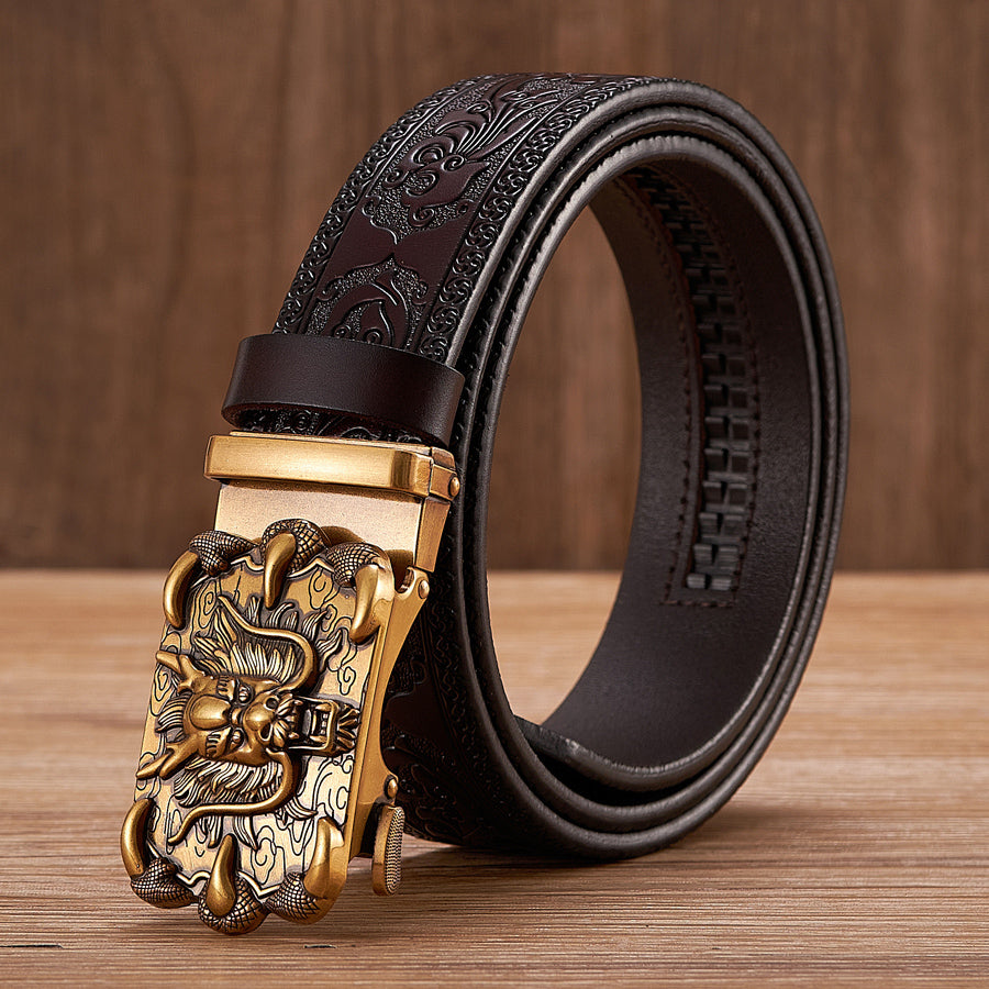 Gold - Black / 100 cm Evil Dragon Automatic Embossed Leather Belt For Men - skyjackerz