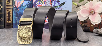 Yellow Brown / 95 cm Men's Cowboy Leather Belt with Brass Chief Buckle - skyjackerz