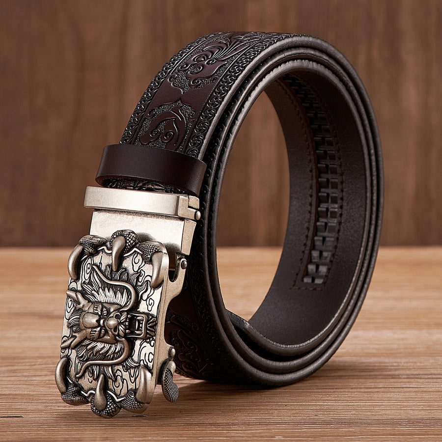 Silver - Black / 100 cm Evil Dragon Automatic Embossed Leather Belt For Men - skyjackerz