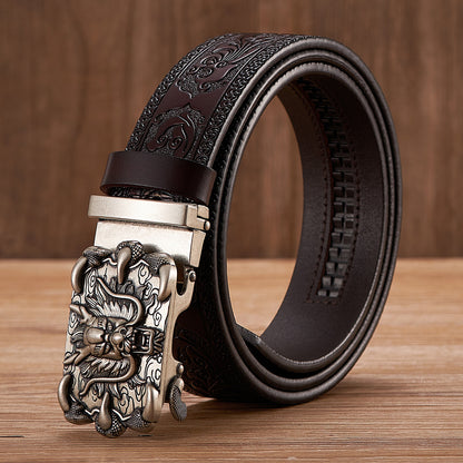 Silver - Black / 100 cm Men's Automatic Embossed Leather Belt - Dragon Design - skyjackerz