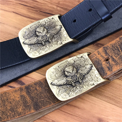 Yellow Brown / 105 cm Vintage Leather Belt for Men with Brass Owl Buckle - skyjackerz