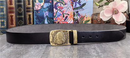 Yellow Brown / 95 cm Men's Cowboy Leather Belt with Brass Chief Buckle - skyjackerz