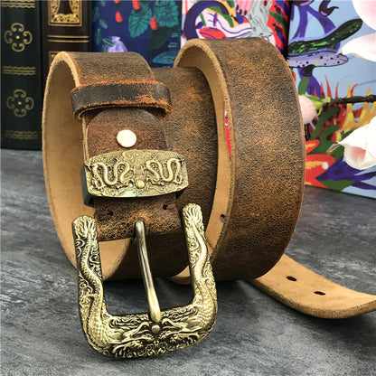 Black / 95 cm Men's Brass Buckle Leather Belt - Chinese Dragon Design - skyjackerz