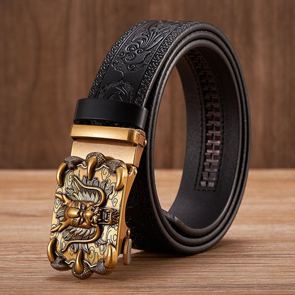 Gold - Coffee / 100 cm Men's Automatic Embossed Leather Belt - Dragon Design - skyjackerz