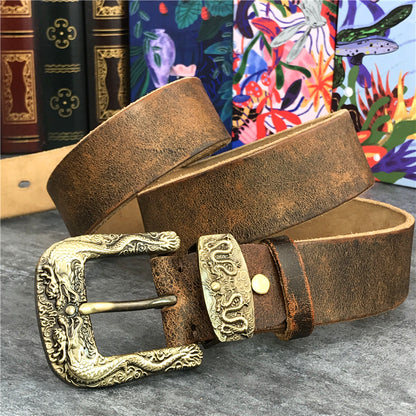 Black / 95 cm Men's Brass Buckle Leather Belt - Chinese Dragon Design - skyjackerz