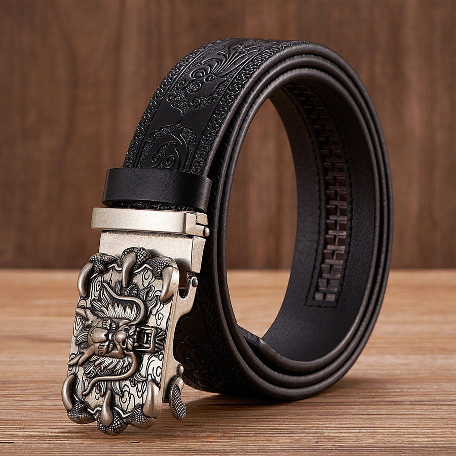 Silver- Coffee / 100 cm Evil Dragon Automatic Embossed Leather Belt For Men - skyjackerz