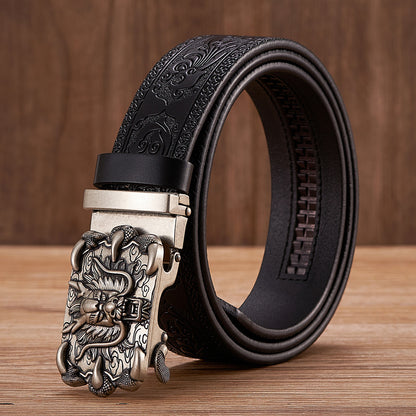 Silver- Coffee / 100 cm Men's Automatic Embossed Leather Belt - Dragon Design - skyjackerz