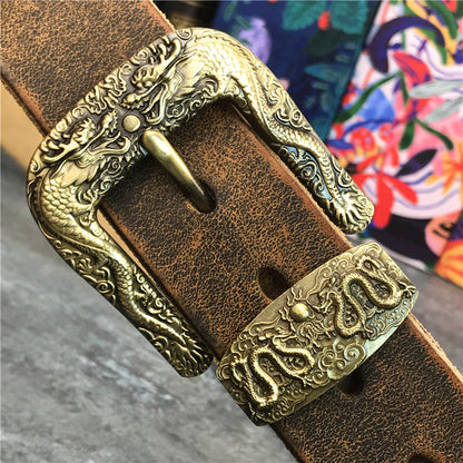 Black / 95 cm Men's Brass Buckle Leather Belt - Chinese Dragon Design - skyjackerz