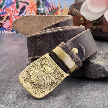Coffee / 95 cm Men's Cowboy Leather Belt with Brass Chief Buckle - skyjackerz