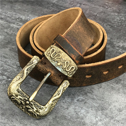 Black / 95 cm Men's Brass Buckle Leather Belt - Chinese Dragon Design - skyjackerz