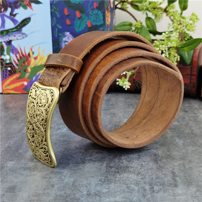 Yellow Brown / 95 cm Luxury Carved Leather Belt for Men - Floral Design - skyjackerz