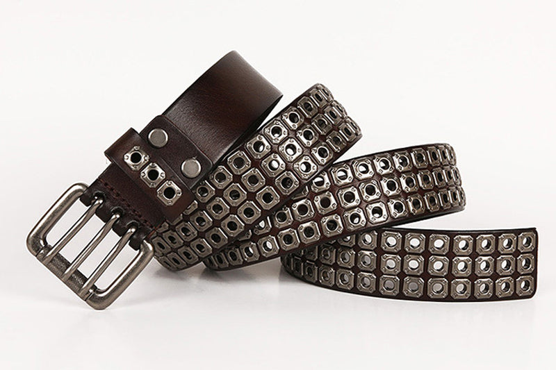 Coffee / 100 cm Cross Rivet Cowboy Leather Belt For Men - skyjackerz