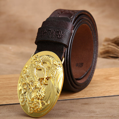 Gold Buckle - Coffee / 100 cm Handmade Leather Belt for Men - Chinese Dragon Design - skyjackerz