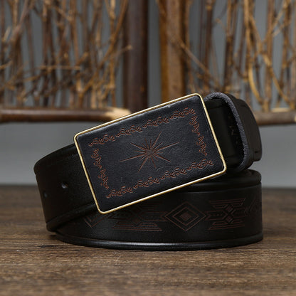 Black / 100 cm Men's Retro Smooth Buckle Genuine Leather Belt - skyjackerz
