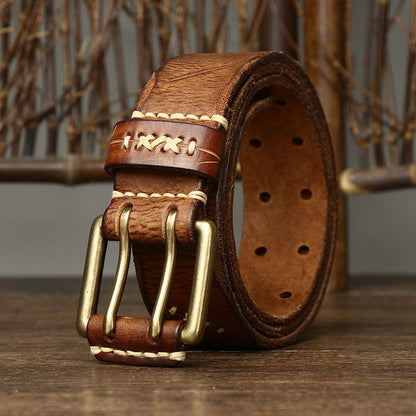 Brown / 105 cm Men's Exquisite Brass Buckle Leather Belt - skyjackerz