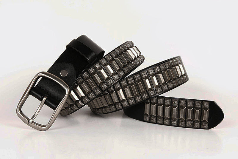 Black / 105 cm Men's Leather Heavy Metal Rivet Belt - skyjackerz