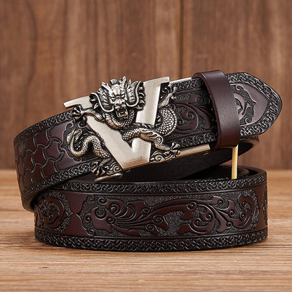 Silver V Black / 100 cm Men's Automatic Leather Belt with Dragon Alloy Buckle - skyjackerz