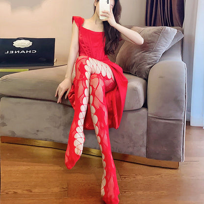 Red / One-Size Lolita Mesh Tights with Pattern - skyjackerz