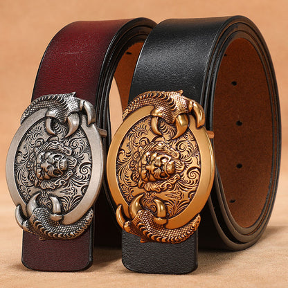 Gold - Black / 110 cm Exotic Lion Totem Alloy Buckle Leather Belt for Men - skyjackerz