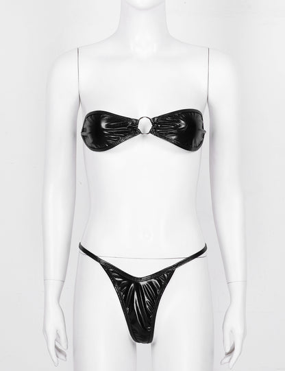 Black Women's Shiny Leather Bikini Set - skyjackerz