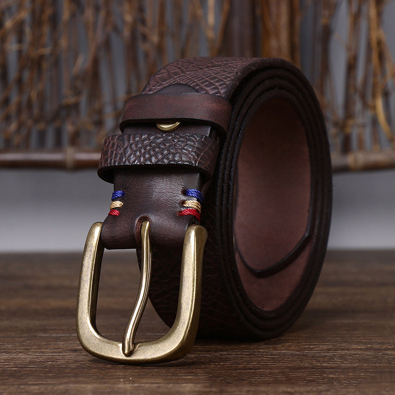 Coffee / 105 cm Men's Designer Brass Buckle Leather Belt - skyjackerz