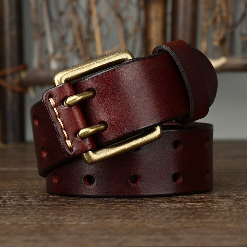 D / 105 cm Men's Retro Double Needle Leather Belt - skyjackerz