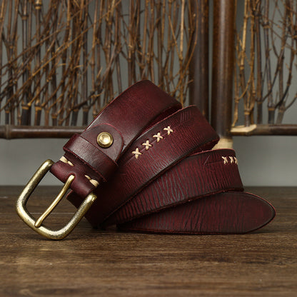 Red Brown / 105 cm Men's Stylish Brass Buckle Leather Waistband - skyjackerz