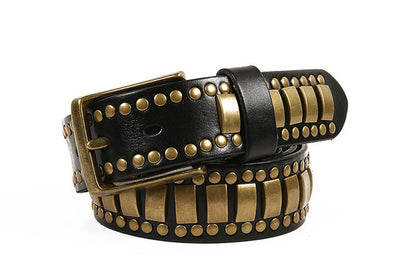 Black / 105 cm Men's Studded Genuine Leather Belt with Rivets - skyjackerz