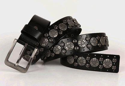 Black / 105 cm Men's Metal Rivet Cowboy Leather Belt - skyjackerz