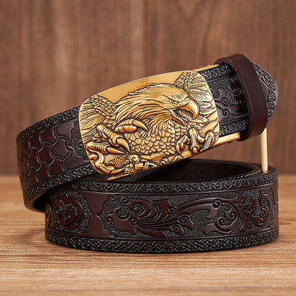Gold - Black / 100 cm Men's Automatic Leather Belt with Eagle Alloy Buckle - skyjackerz