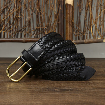 Black / 100 cm Men's Designer Woven Leather Belt - skyjackerz