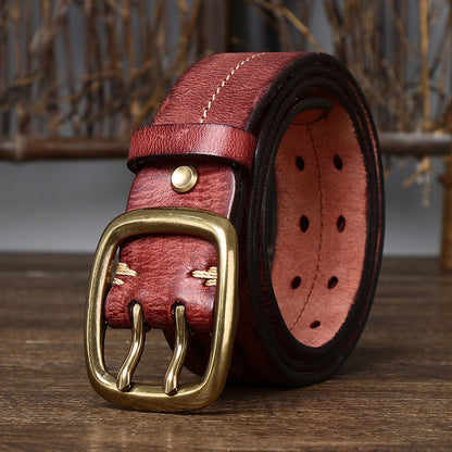 Red Brown / 105 cm Men's Double Needle Pin Buckle Leather Belt - skyjackerz