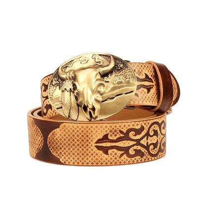 Coffee / 105 cm Ethnic Style Men's Leather Belt for Jeans - skyjackerz