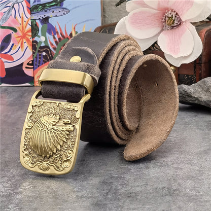 Yellow Brown / 95 cm Men's Cowboy Leather Belt with Brass Chief Buckle - skyjackerz