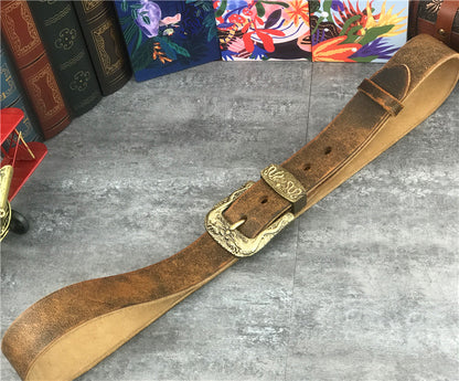 Black / 95 cm Men's Brass Buckle Leather Belt - Chinese Dragon Design - skyjackerz