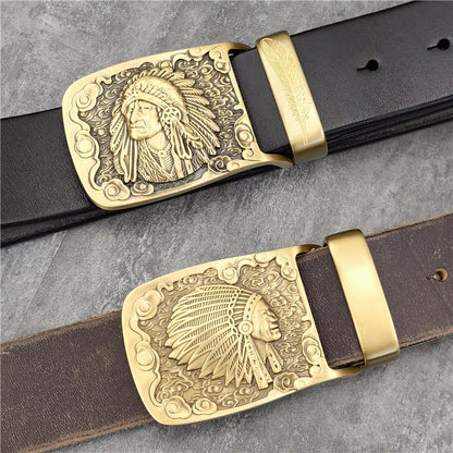 Yellow Brown / 95 cm Men's Cowboy Leather Belt with Brass Chief Buckle - skyjackerz