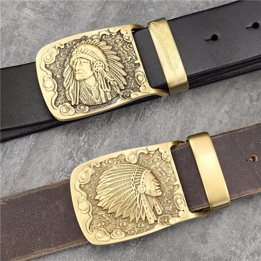 Yellow Brown / 95 cm Brass Chief Cowboy Leather Belt For Men - skyjackerz